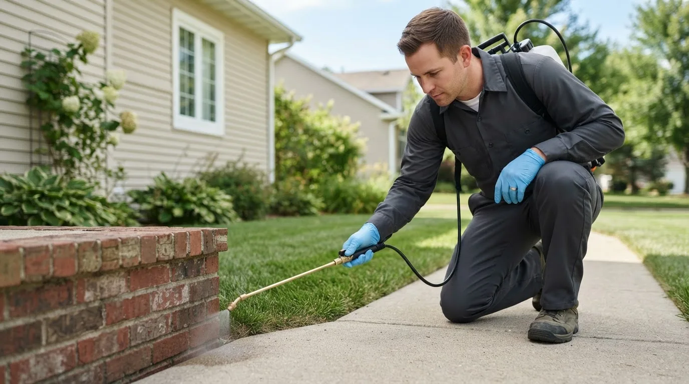 Pest control technician treating a home near Carnegie, OK