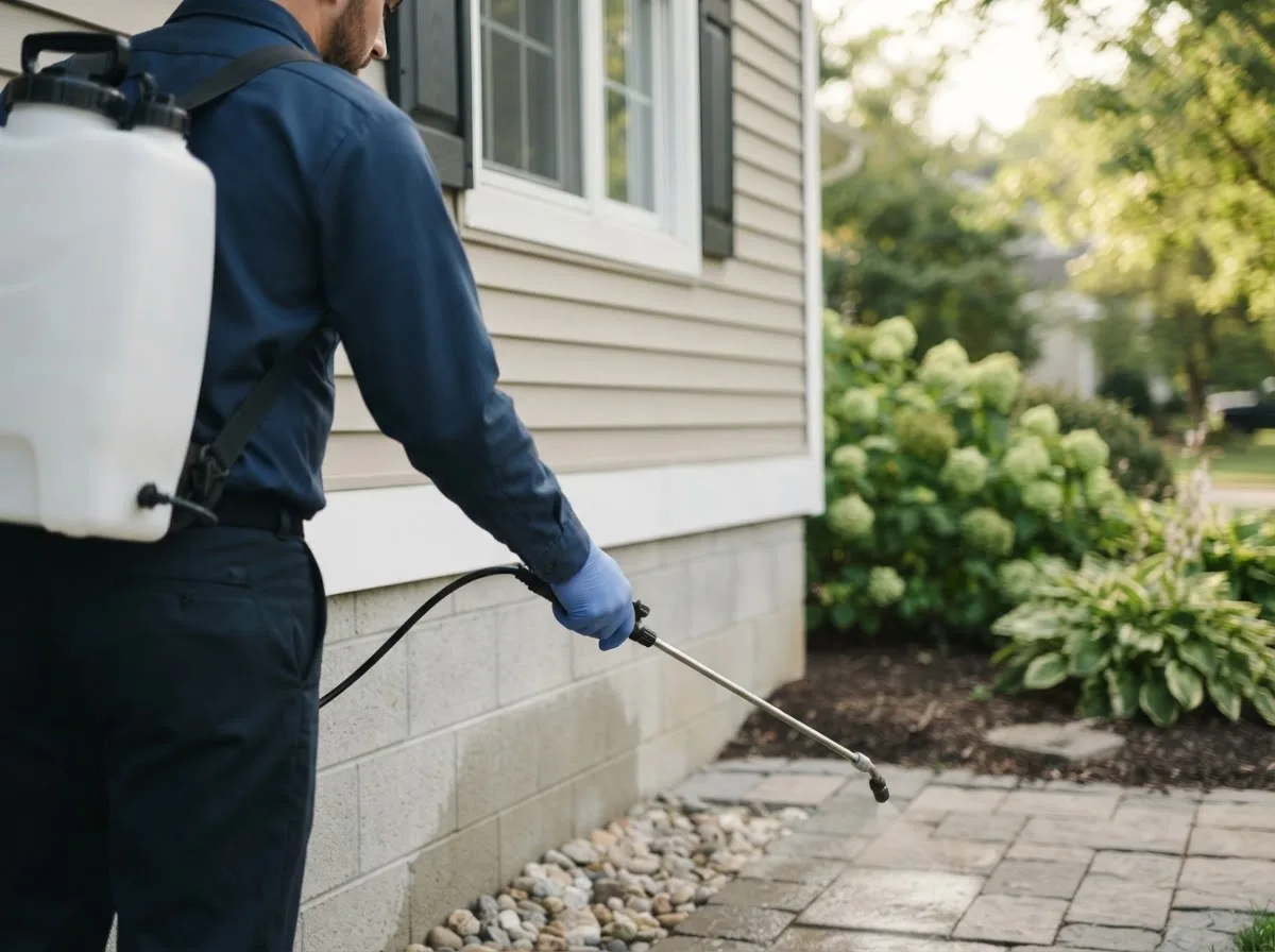 Pest control technician inspecting a home in Carnegie, OK